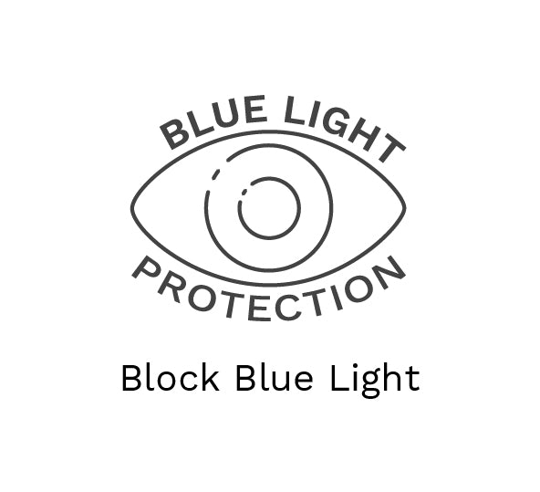 Drawn eye with the words BLUE LIGHT PROTECTION BLOCK BLUE LIGHT